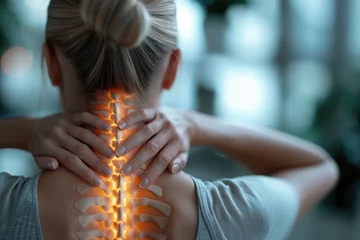Fotobehang Generative AI, highlighted spine of a woman with neck pain in the office, woman holding neck, copy space © Rymma