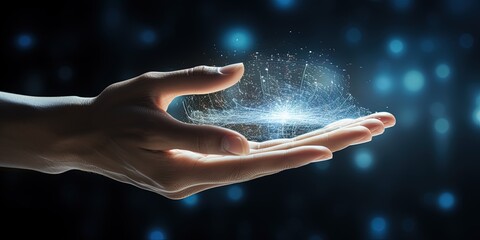 Hand touching a spinning vortex of data and light particles, data flow and processing visualisation backgrounds