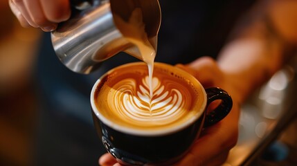 Fototapeta na wymiar Barista making pouring stream milk with coffee latte art pattern heart shape