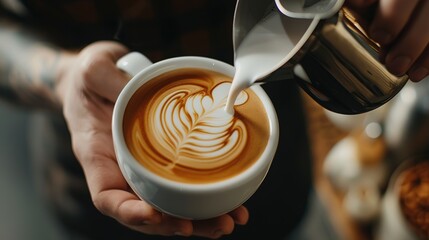 Barista making pouring stream milk with coffee latte art pattern heart shape - obrazy, fototapety, plakaty