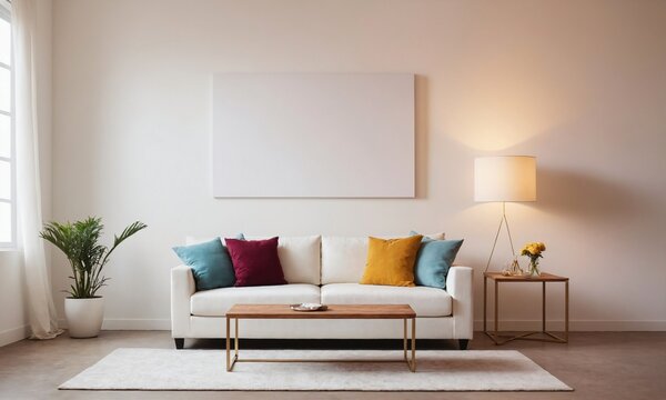 a living room with a couch , coffee table , lamp and a picture on the wall