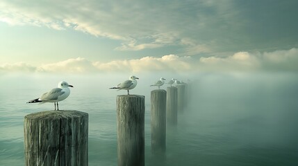 Seagulls resting on weathered wooden posts, set against the backdrop of the endless ocean and the cloud-strewn canvas of the sky.
