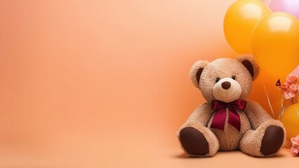 Cute teddy bear and balloons on peach fuzz background, concept of valentines day or birthday cards in trendy 2024 colors, space for text - obrazy, fototapety, plakaty