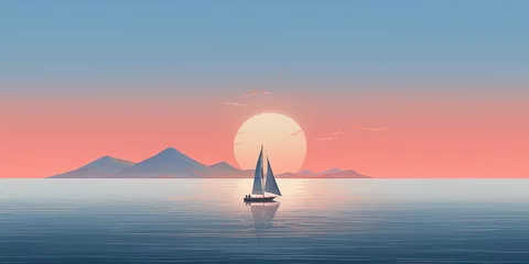 Deurstickers Minimalistic scene of a single sailboat in vast calm waters, under a dusky sky with a serene horizon © Павел Озарчук