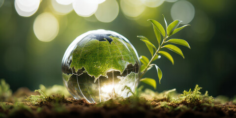 Nature's Green Sphere: A Hopeful Hand Holding the Earth's Crystalline Globe, Symbolizing Environmental Growth and Clean Water Conservation