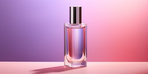 A sleek perfume bottle with metallic spray head against a soft pink and purple background with shadows