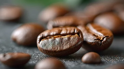 Zelfklevend Fotobehang Closeup macro a group roasted brown or black coffee grains background © Vasiliy