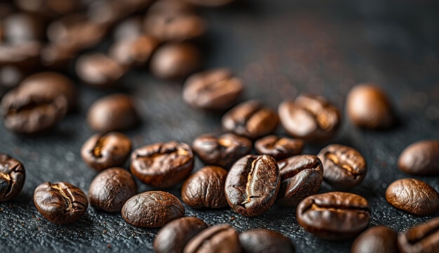 Closeup macro a group roasted brown or black coffee grains background