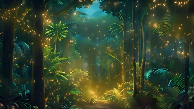 Tropical jungle by night with sparkling fireflies. Flying through foliage in a dark jungle with lots of colorful fireflies. 4k video. Fairy forest beautiful dream landscape nature