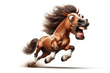 portrait of full body funny shocked horse with bulging eyes and open mouth gallops in action. ai generative