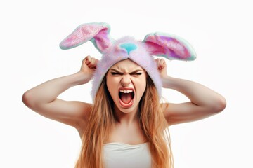 Femme faisant une grimace avec une forte expression vêtue d'un costume de lapin de Pâques de couleur - obrazy, fototapety, plakaty