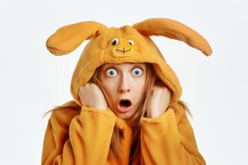 Femme faisant une grimace avec une forte expression vêtue d'un costume de lapin de Pâques de couleur - obrazy, fototapety, plakaty