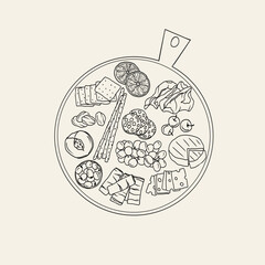 Doodle charcuterie board food collection