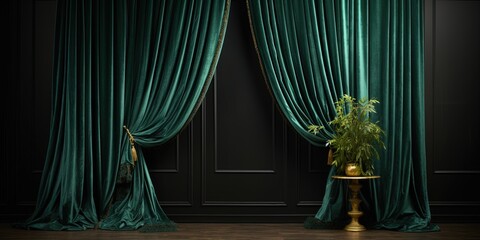 Velvet emerald curtains tied back with gold trim opening to reveal stylish dark interior - obrazy, fototapety, plakaty