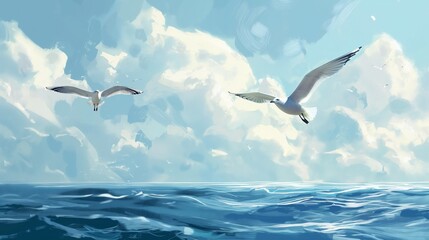 Seagulls soaring against the backdrop of a serene ocean meeting the endless azure sky.