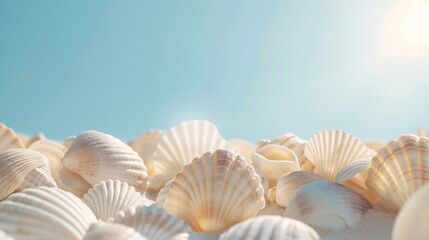 Seashells arranged in a natural pattern on the beach, illuminated by the soft glow of the sun against the clear blue sky.