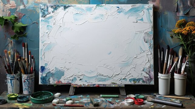 A textured white painting on a canvas with an array of paintbrushes and artist tools against a blue painted backdrop.
