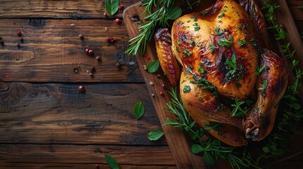 Homemade chicken rotisserie with thyme, lemon closeup on a slate board on the table - obrazy, fototapety, plakaty