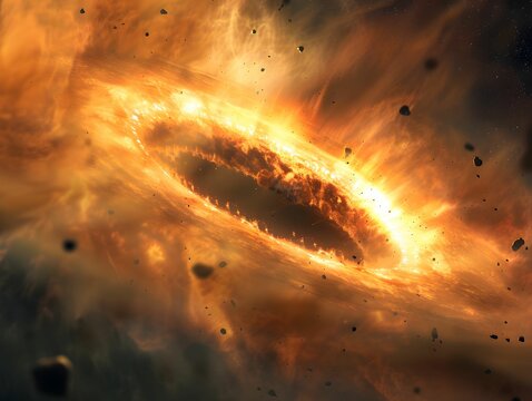 The remnants of a cosmic collision form a new planetary system a phoenix rising from the debris of destruction