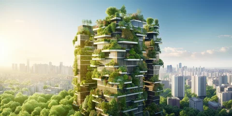 Foto op Plexiglas Sustainable green building in modern city. Green architecture. Eco-friendly building. Sustainable building with vertical garden reduce CO2. © Павел Озарчук