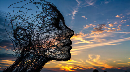 sculpture en fil de fer formant la silhouette d'une femme sur fond de ciel au soleil couchant 
