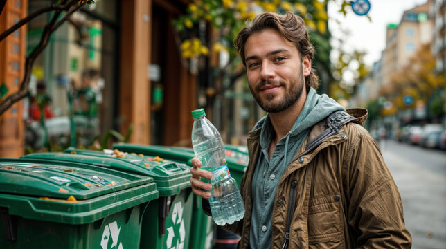 personne déposant une bouteille en plastique dans un conteneur de recyclage des déchets