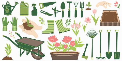 Collection of garden tools and plants. Gardening or horticulture concept. Design elements for print, packaging or stickers. Vector illustration.