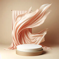 3D display podium, beige background with pedestal and flying nude color silk cloth curtain, Nature wind, Beauty, cosmetic product presentation stand, Luxury feminine mockup.Ai generative