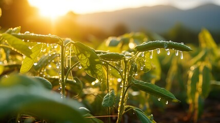 Close-up view of long bean plant leaves with raindrops and morning sunlight background - obrazy, fototapety, plakaty