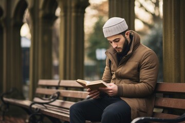 Religious Muslim man praying inside the mosque and reading holy book Quran, A Muslim guy is seen reading the Quran, Ai generated