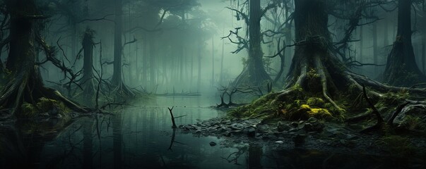 mysterious and misty swamp landscape - Powered by Adobe