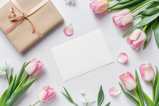 Spring Blossoms Stationery Mockup: Pink and White Floral Arrangement on Elegant White Table Background for Greeting Cards, Invitations, and Gifts