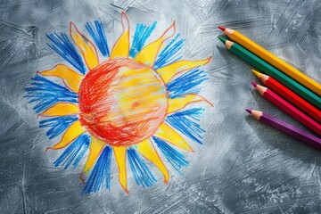 Child's colorful crayon drawing of the sun with rays on a textured grey background. - obrazy, fototapety, plakaty