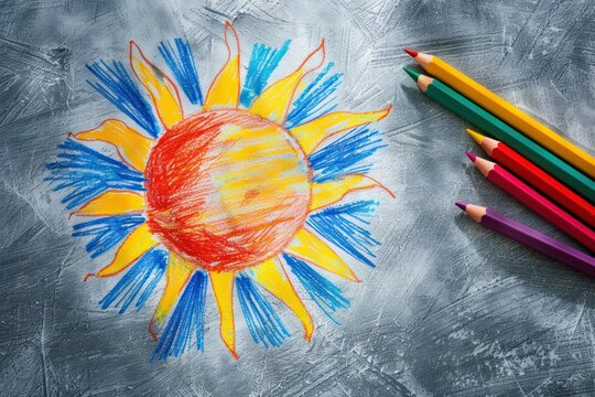Child's colorful crayon drawing of the sun with rays on a textured grey background.