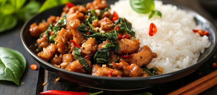 A delicious bowl of vegetarian food with nutritious rice and colorful vegetables on a wooden table