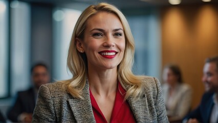 Fototapeta premium Female blonde business leader gives a presentation in a conference room