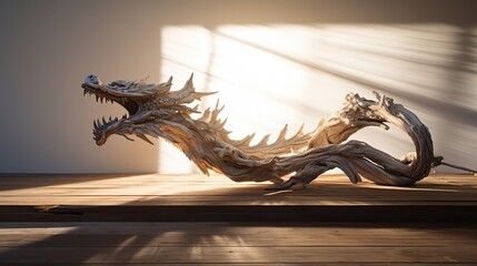 Stunning strong realistic wooden dragon sitting on a piece of driftwood. Photo. High quality photo