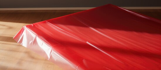 A red umbrella made of plastic is seen laying on the floor of a room, with one corner resting on a white table. The vibrant red color contrasts against the neutral tones of the rooms flooring. The