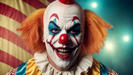 Close up portrait of a funny and scary clown with a red nose