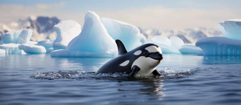 A baby orca swims gracefully in the icy waters, surrounded by towering icebergs in the background. The sleek black and white figure of the orca contrasts against the cold, blue hues of the frozen