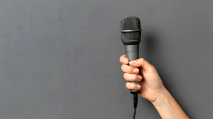 Reporter holding a microphone against a neutral background with room for text.