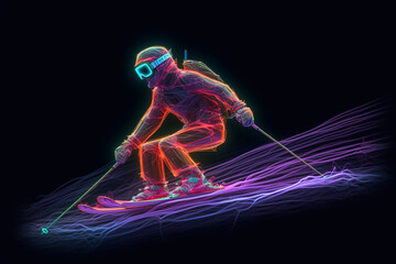 Man skiing with neon effect. Speed of movement. - obrazy, fototapety, plakaty