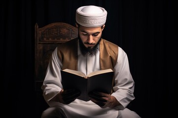 A Muslim guy is seen reading the Quran, Religious Muslim man praying inside the mosque and reading holy book Quran, Ai generated