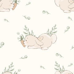 Cute hand drawn Easter seamless pattern with bunnies, flowers, easter eggs, beautiful background, great for Easter Cards, banner, textiles, wallpapers