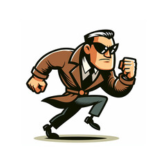 Fototapeta premium Vintage cartoon mascot of running spy, wearing a coat and sunglasses, isolated on white