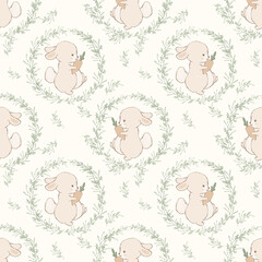 Cute hand drawn Easter seamless pattern with bunnies, flowers, easter eggs, beautiful background, great for Easter Cards, banner, textiles, wallpapers