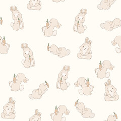 Cute hand drawn Easter seamless pattern with bunnies, flowers, easter eggs, beautiful background, great for Easter Cards, banner, textiles, wallpapers