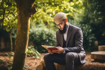 Obraz premium Muslim Man Is Reading The Quran, A Muslim guy is seen reading the Quran, Ai generated