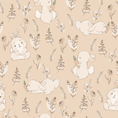 Cute hand drawn Easter seamless pattern with bunnies, flowers, easter eggs, beautiful background, great for Easter Cards, banner, textiles, wallpapers
