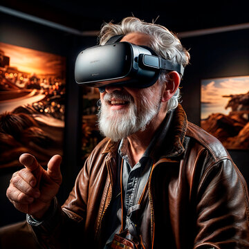 portrait of a old man using virtual reality headset at exhibition show